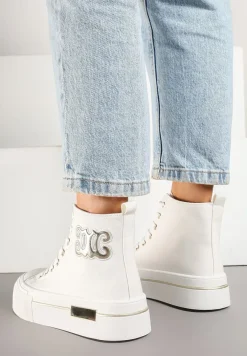 Białe Trampki na Platformie z Wysoką Cholewką i Naszywką Nurissea