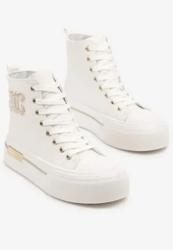 Białe Trampki na Platformie z Wysoką Cholewką i Naszywką Nurissea