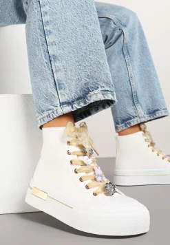 Białe Trampki na Platformie z Wysoką Cholewką Ozdobione Cyrkoniami Fenvisa