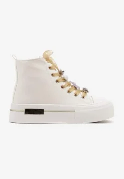 Białe Trampki na Platformie z Wysoką Cholewką Ozdobione Cyrkoniami Fenvisa