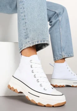 Białe Trampki na Platformie z Tłoczeniem i Wysoką za Kostkę Polnelis