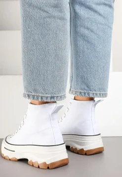 Białe Trampki na Platformie z Tłoczeniem i Wysoką za Kostkę Polnelis