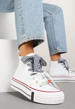Białe Trampki Ozdobione Koralikami i Wstążką w Kratkę Vichy Armio