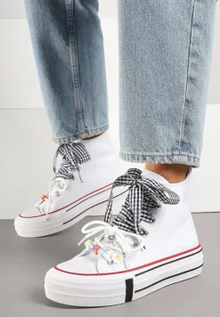 Białe Trampki Ozdobione Koralikami i Wstążką w Kratkę Vichy Armio