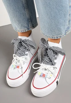 Białe Trampki Ozdobione Koralikami i Wstążką w Kratkę Vichy Armio