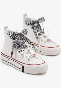 Białe Trampki Ozdobione Koralikami i Wstążką w Kratkę Vichy Armio