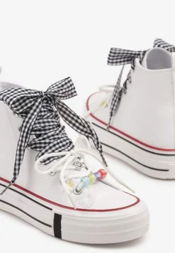 Białe Trampki Ozdobione Koralikami i Wstążką w Kratkę Vichy Armio