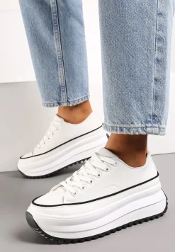 Białe Trampki Przed Kostkę na Wysokiej Platformie z Ozdobnym Protektorem Ligustra