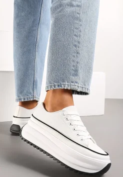 Białe Trampki Przed Kostkę na Wysokiej Platformie z Ozdobnym Protektorem Ligustra