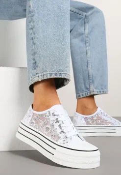 Białe Trampki Vices z Siateczki z Cekinami na Grubej Podeszwie Telanila