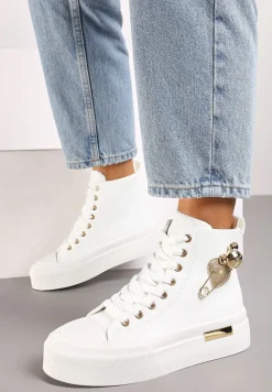 Białe Trampki z Wysoką Cholewką na Platformie Wykończone Brokatową Broszką Terilaina