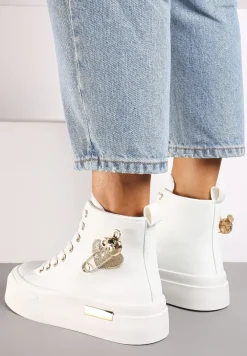 Białe Trampki z Wysoką Cholewką na Platformie Wykończone Brokatową Broszką Terilaina