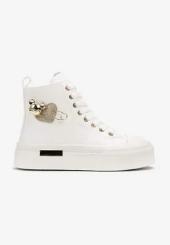 Białe Trampki z Wysoką Cholewką na Platformie Wykończone Brokatową Broszką Terilaina