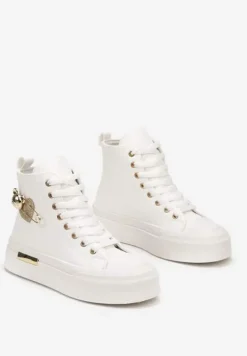 Białe Trampki z Wysoką Cholewką na Platformie Wykończone Brokatową Broszką Terilaina