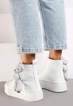 Białe Trampki za Kostkę na Grubej Podeszwie z Aplikacją w Kształcie Misia Ivarina