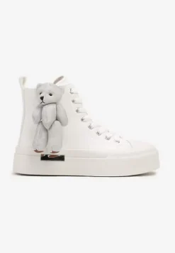 Białe Trampki za Kostkę na Grubej Podeszwie z Aplikacją w Kształcie Misia Ivarina