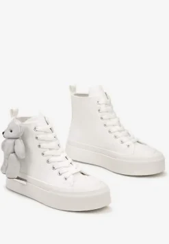 Białe Trampki za Kostkę na Grubej Podeszwie z Aplikacją w Kształcie Misia Ivarina