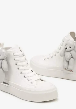 Białe Trampki za Kostkę na Grubej Podeszwie z Aplikacją w Kształcie Misia Ivarina