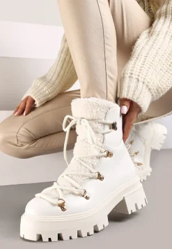 Białe Traperki na Grubej Podeszwie z Futerkowym Zdobieniem na Języku Tarantha