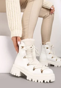 Białe Traperki na Grubej Podeszwie z Futerkowym Zdobieniem na Języku Tarantha