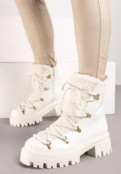 Białe Traperki na Grubej Podeszwie z Futerkowym Zdobieniem na Języku Tarantha