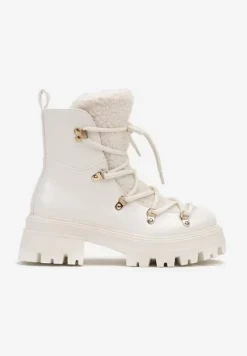 Białe Traperki na Grubej Podeszwie z Futerkowym Zdobieniem na Języku Tarantha