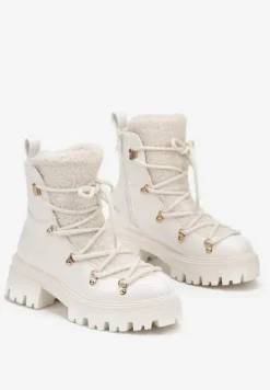 Białe Traperki na Grubej Podeszwie z Futerkowym Zdobieniem na Języku Tarantha