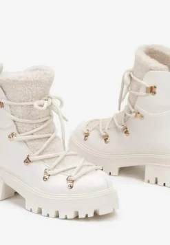 Białe Traperki na Grubej Podeszwie z Futerkowym Zdobieniem na Języku Tarantha