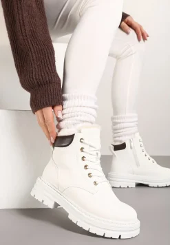 Białe Traperki na Tłoczonej Podeszwie Ocieplane Futrem Toriga