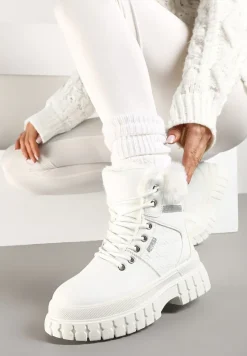 Białe Traperki na Tłoczonej Podeszwie z Brokatowymi Wstawkami i Futrem Tomina