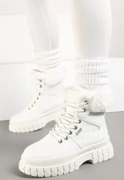 Białe Traperki na Tłoczonej Podeszwie z Brokatowymi Wstawkami i Futrem Tomina