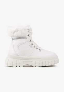 Białe Traperki na Tłoczonej Podeszwie z Brokatowymi Wstawkami i Futrem Tomina