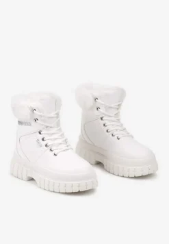 Białe Traperki na Tłoczonej Podeszwie z Brokatowymi Wstawkami i Futrem Tomina