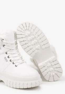 Białe Traperki na Tłoczonej Podeszwie z Brokatowymi Wstawkami i Futrem Tomina