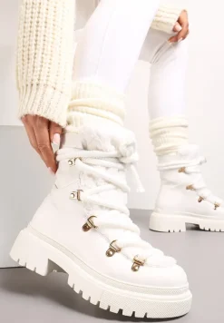 Białe Traperki Wiązane na Sznurek Ozdobione Kożuszkiem Sidonnie