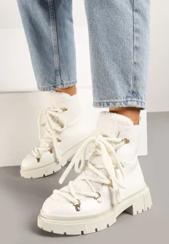 Białe Traperki Wiązane na Sznurek Ozdobione Kożuszkiem Sidonnie