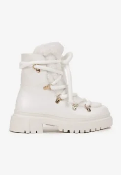 Białe Traperki Wiązane na Sznurek Ozdobione Kożuszkiem Sidonnie