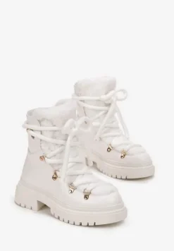 Białe Traperki Wiązane na Sznurek Ozdobione Kożuszkiem Sidonnie