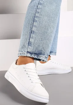 Białe Wiązane Sneakersy na Płaskiej Podeszwie z Modną Wstawką Zanelih
