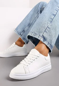 Białe Wiązane Sneakersy na Płaskiej Podeszwie z Modną Wstawką Zanelih