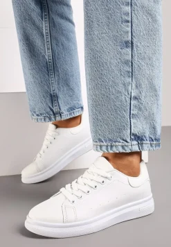 Białe Wiązane Sneakersy na Płaskiej Podeszwie z Modną Wstawką Zanelih