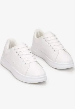 Białe Wiązane Sneakersy na Płaskiej Podeszwie z Modną Wstawką Zanelih