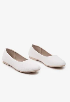 Białe Wsuwane Balerinki Brokatowe na Płaskiej Podeszwie Claremarie
