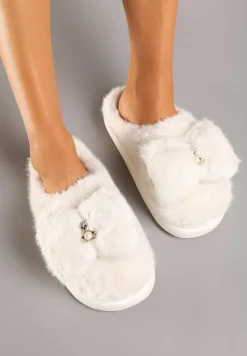 Białe Wsuwane Kapcie z Futerkiem Ozdobione Kokardą Lemiola