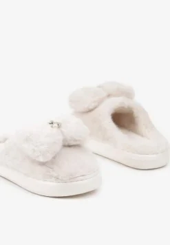 Białe Wsuwane Kapcie z Futerkiem Ozdobione Kokardą Lemiola