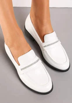 Białe Wsuwane Mokasyny z Imitacji Skóry Zdobione Cyrkoniami Croiss