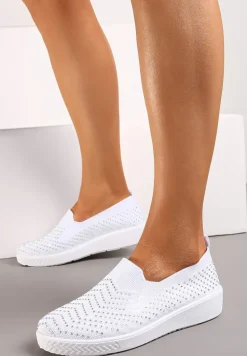 Białe Wsuwane Tenisówki ze Skarpetkową Cholewką z Cyrkoniami Siwina