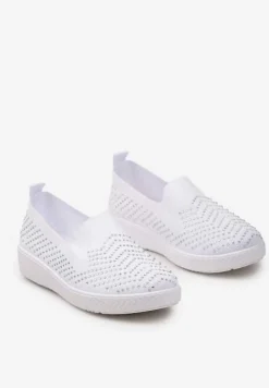 Białe Wsuwane Tenisówki ze Skarpetkową Cholewką z Cyrkoniami Siwina