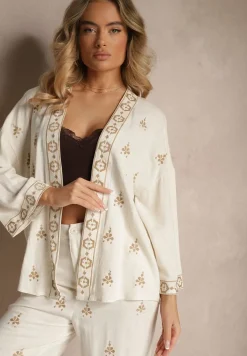 Biało-Beżowa Bluzka Typu Narzutka z Lnem Wiskozą i Haftem Caliven