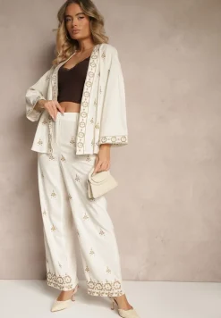 Biało-Beżowa Bluzka Typu Narzutka z Lnem Wiskozą i Haftem Caliven